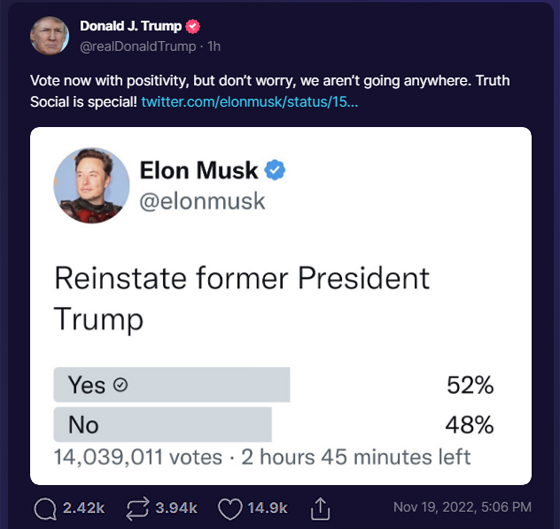 Elon Musk tweet about Reinstate former president trump